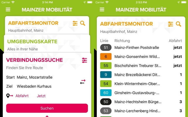 Ausschnitt der Smartphone-App Ausschnitt der Smartphone-App "Mainzer Mobilität"