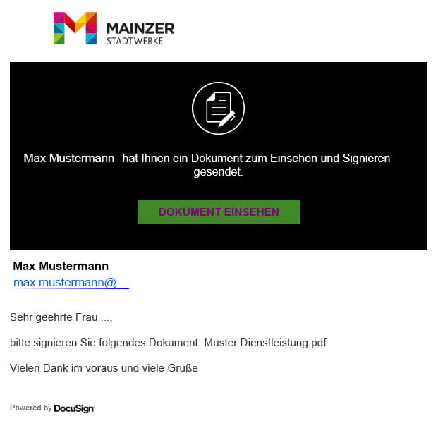 Mainzer Stadtwerke_ DocuSign Signatur Schritt 1_E-Mail erhalten