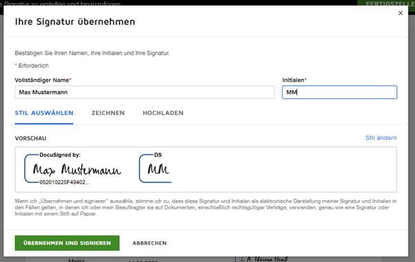 Mainzer Stadtwerke_DocuSign Signatur Schritt 3_Signaturarten_Name eingeben
