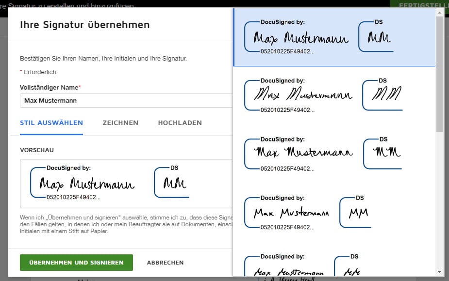 Mainzer Stadtwerke_DocuSign Signatur Schritt 3_Signaturarten_Stil auswählen