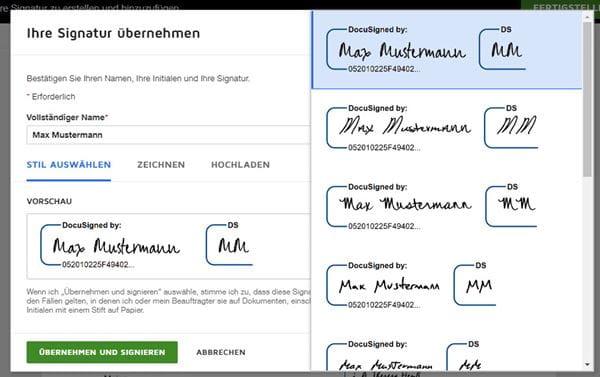 Mainzer Stadtwerke_DocuSign Signatur Schritt 3_Signaturarten_Stil auswählen