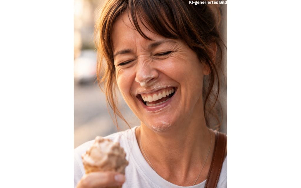 lachende Frau mit Eis im Gesicht