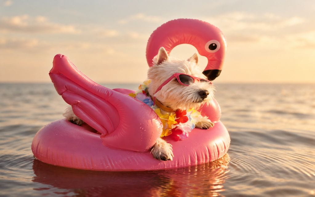 Ein Hund mit Sonnenbrille auf einem schwimmenden Flamingo zum Aufblasen