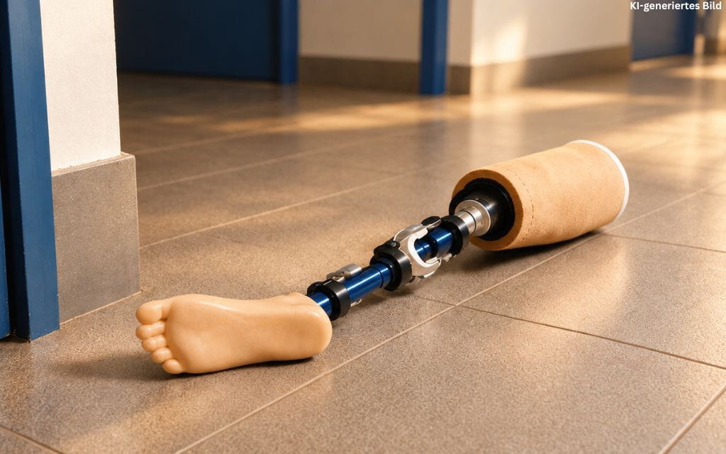 Eine Beinprothese liegt auf einem Fliesenboden