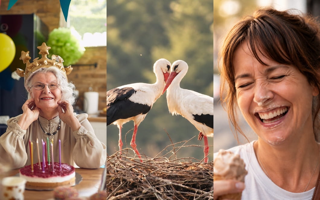 Drei Bilder Geburtstag alte Dame, Storchennest und Frau mit Eis im Gesicht